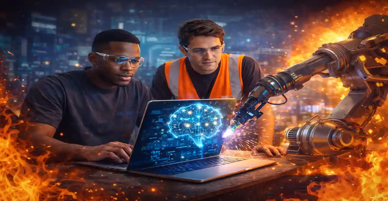 Young professional working on AI interfaces with a laptop, representing AI apprenticeships USA