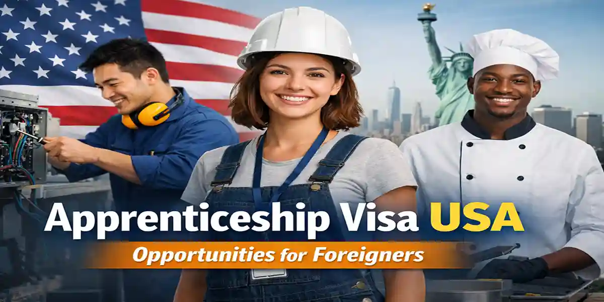 International student holding a US visa and passport with a company badge, symbolizing apprenticeship visa USA opportunities for foreigners