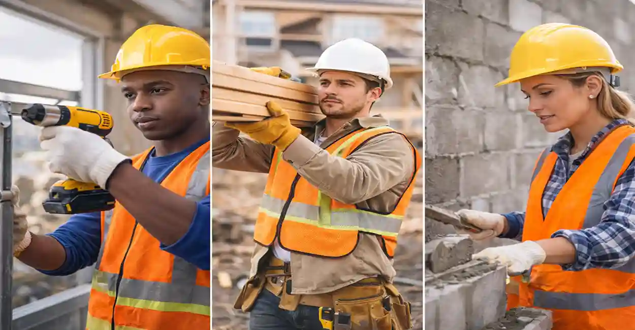 Construction apprentices working on a building site: electrician wiring a panel, carpenter framing, plumber fitting pipes, and a mentor instructing