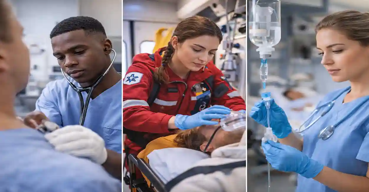Healthcare apprentices in scrubs working alongside professionals: a medical assistant taking vitals, a pharmacy technician filling prescriptions, a dental assistant preparing instruments