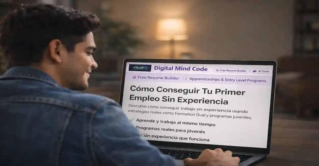 Joven celebrando su primer empleo con una laptop