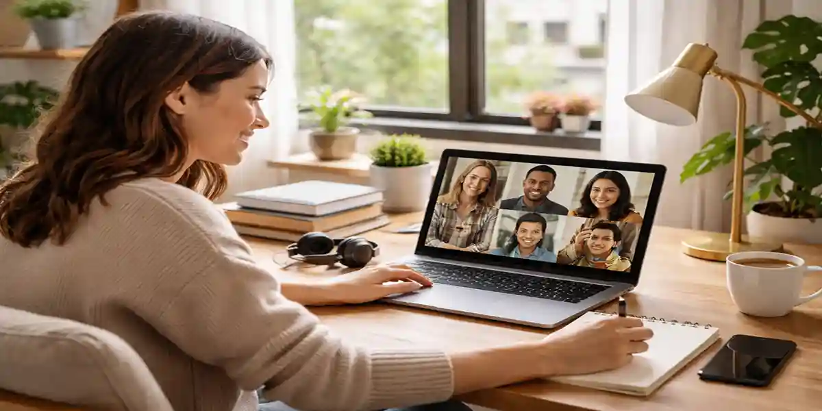 A student working on a laptop from a cozy home office with a coffee cup, plants, and a cat, representing remote internship lifestyle
