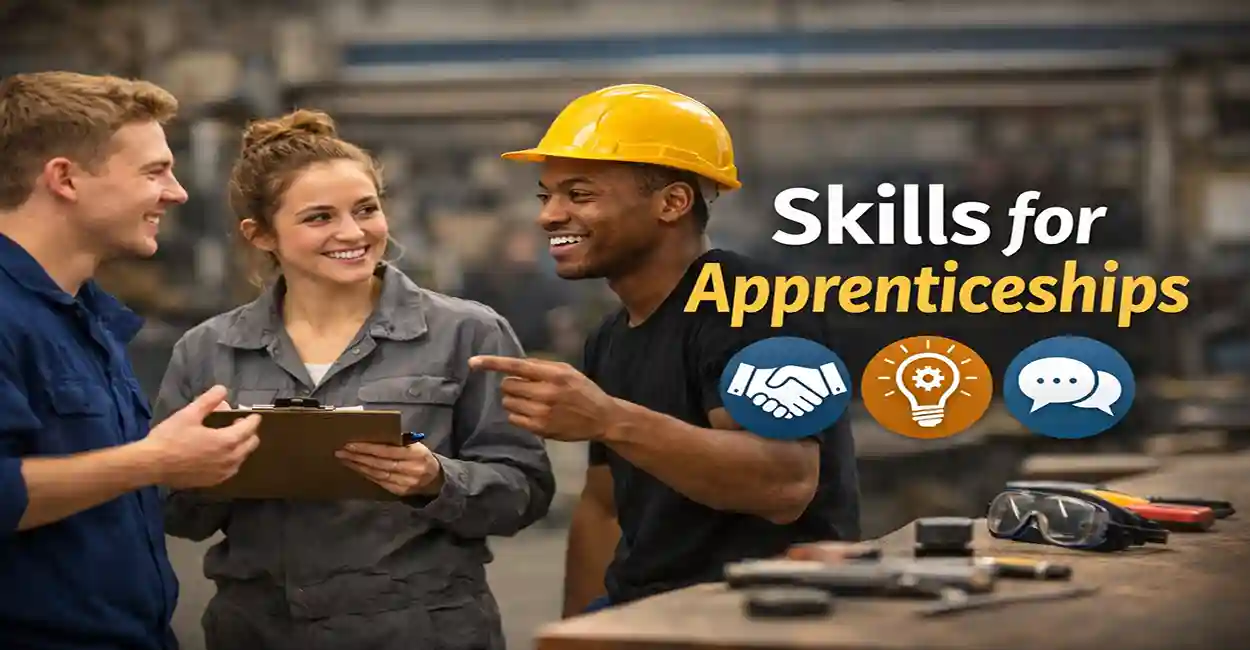 Team of apprentices collaborating on a construction site, representing soft skills like teamwork and communication