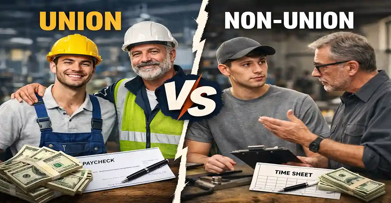 Union and non-union apprentices working on construction site, comparing wages and benefits