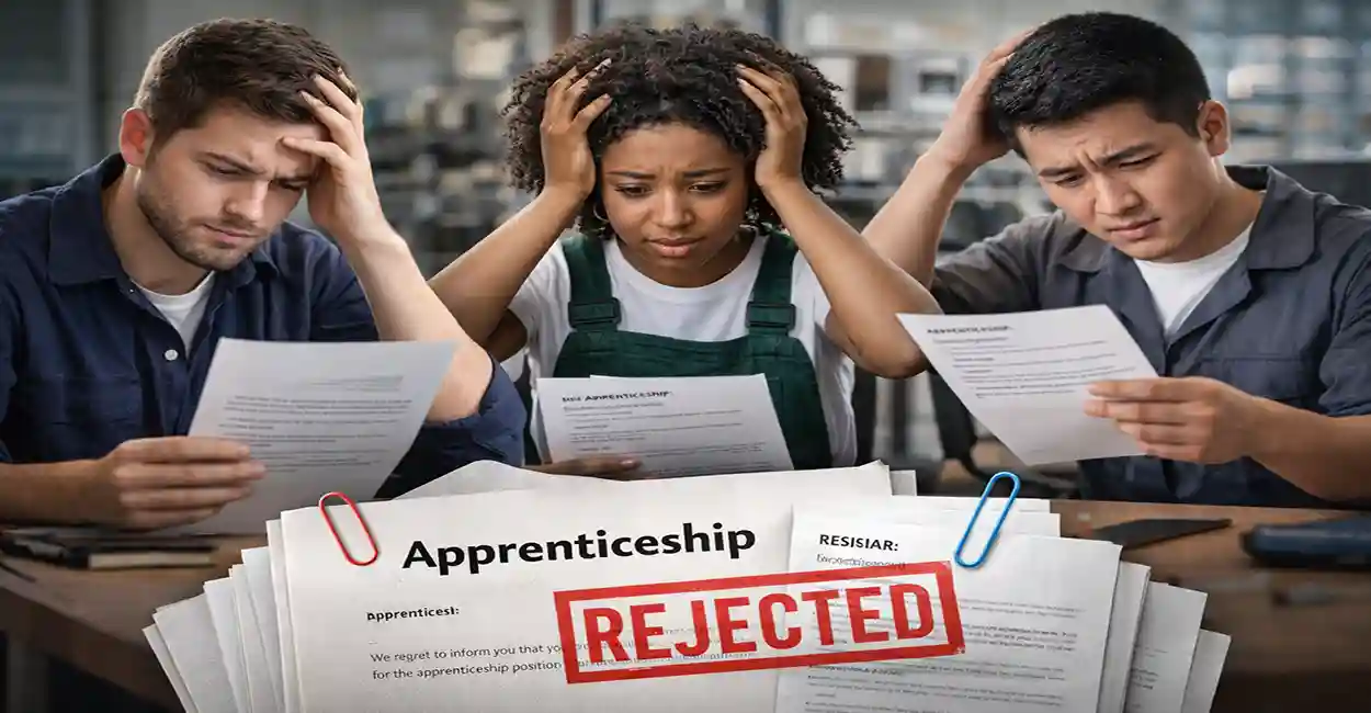 A frustrated applicant holding a rejection letter, then a second image of a successful apprentice shaking hands with a mentor, symbolizing the journey from failure to success