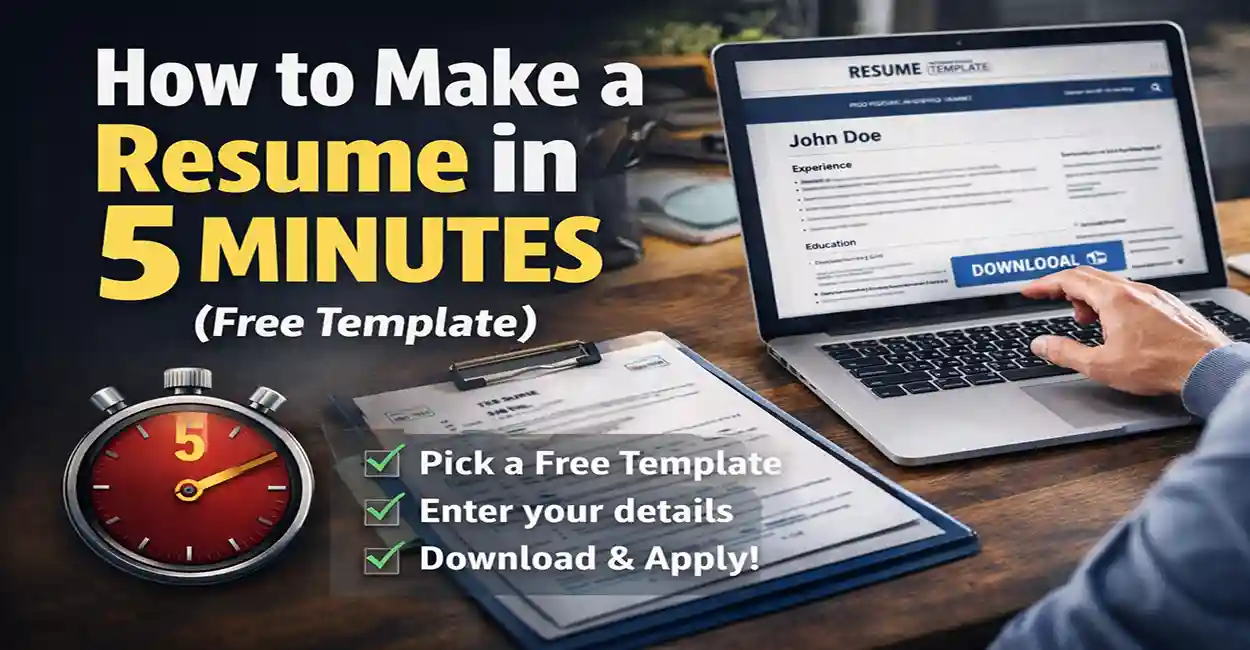 Person creating a resume quickly on laptop with timer showing 5 minutes