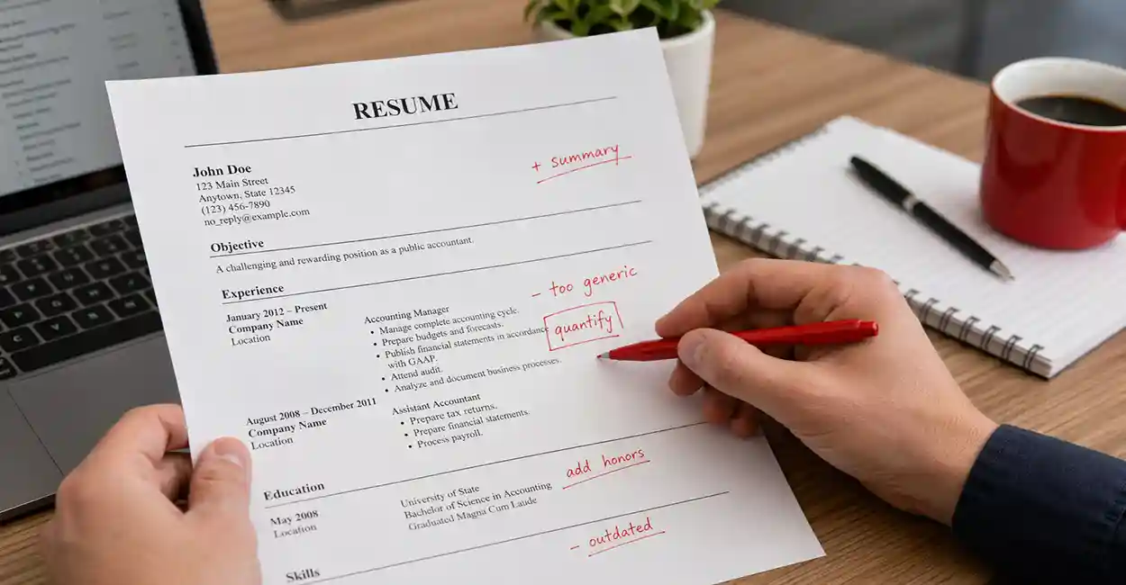Person reviewing resume with red pen marking small but critical mistakes